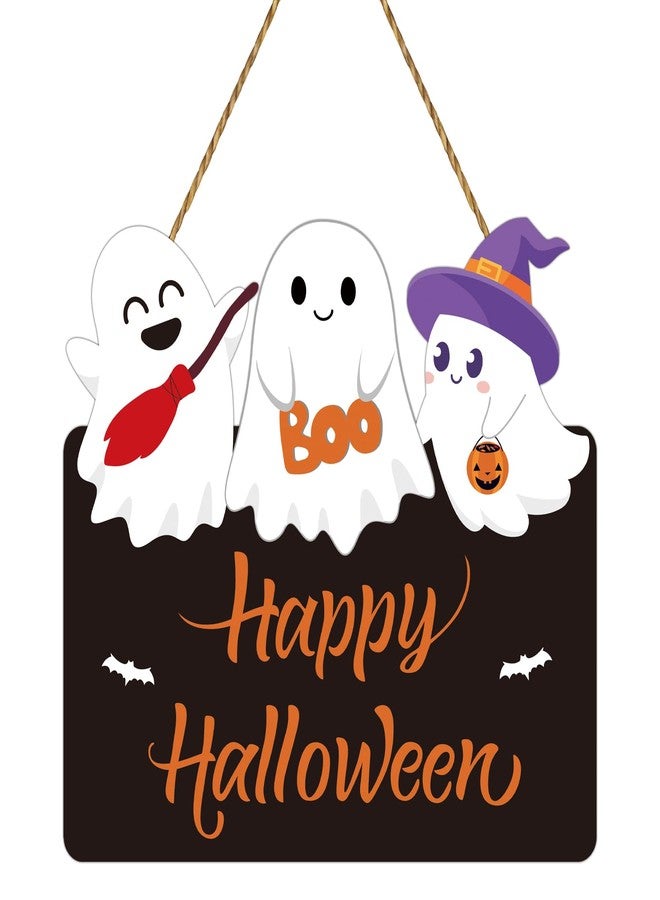 YUNKKIN Halloween Door Decorations Cute Ghost Decor Wreath Happy Halloween Sign Wooden Front Door Hanger Bat Ghost Hanging Sign Wreath for Wall Indoor Home Decor - Image 1